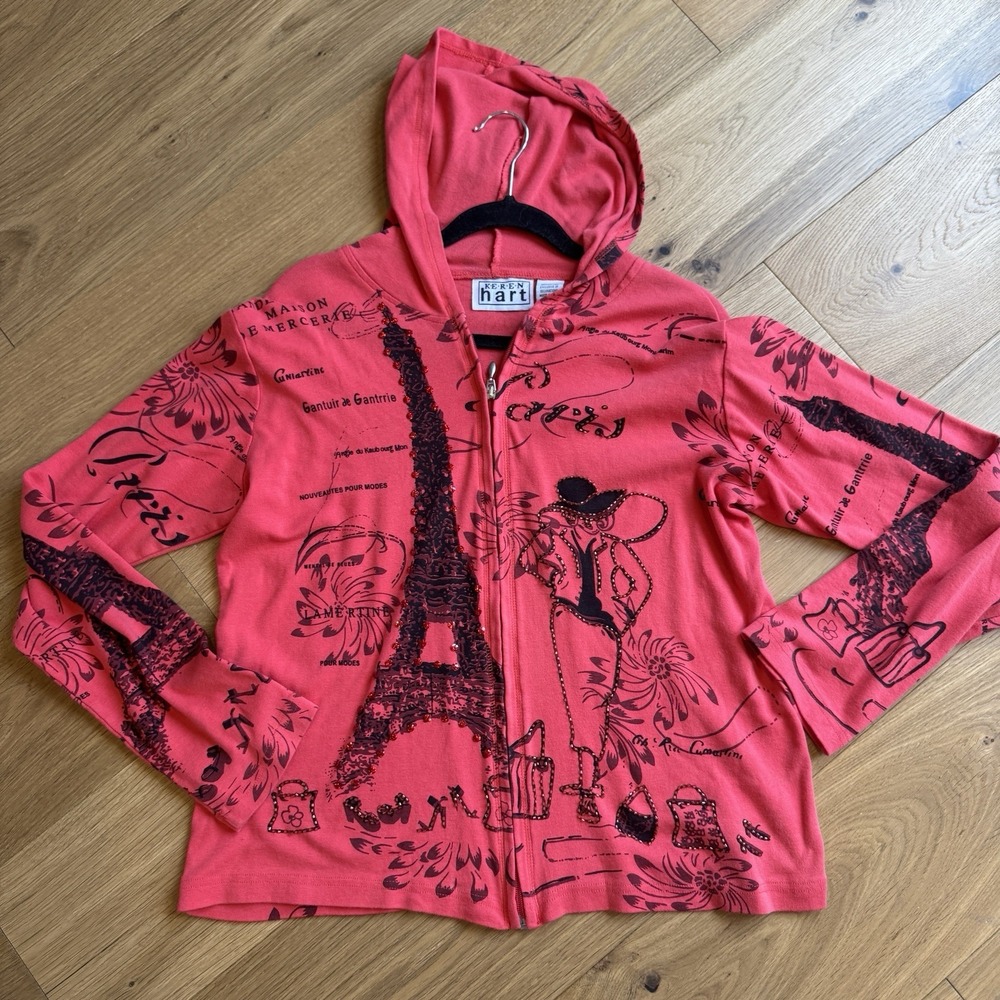 Vtg Womens Full Zip Hoodie Jacket Paris Graphic Print Bling Bead Rhinestone XL - Picture 9 of 9